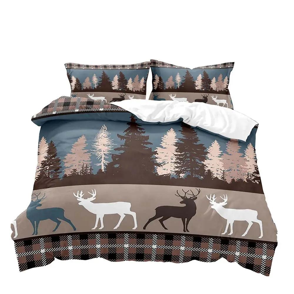 Farmhouse Duvet Cover SetBlack Bear Deer Elk Moose Forest Animal Wildlife Lodge Rustic Bedding Set KingSage Green Brown Plaid
