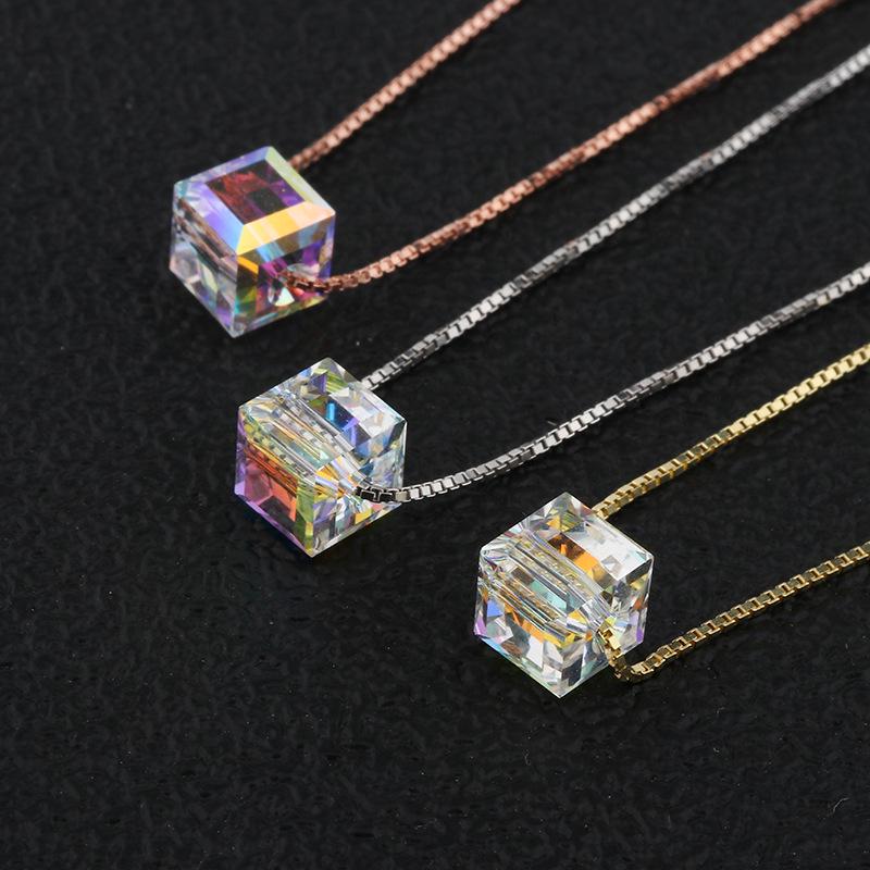 Tingxiang S925 Sterling Silver Square Crystal Pendant Necklace for Women - Japanese Korean Fashion 40 cm