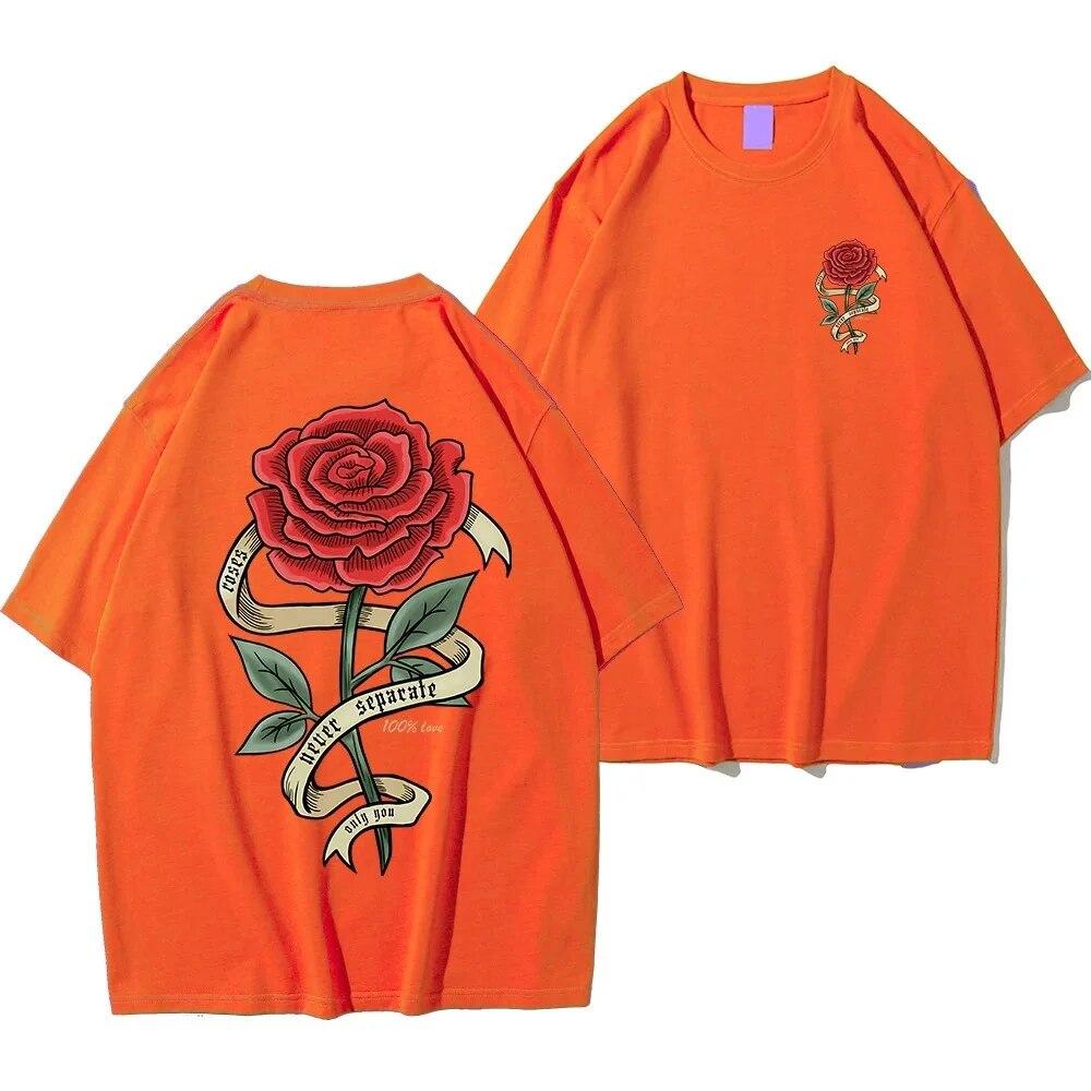 

Летняя хлопковая футболка унисекс с принтом красных роз и лентой, дышащая большая повседневная свободная футболка с коротким рукавом 3XL