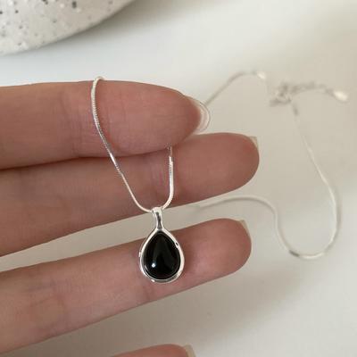 925 Silver Black Agate Necklace for Women Girl Snake Bone Chain Water Drop Jewelry Gift