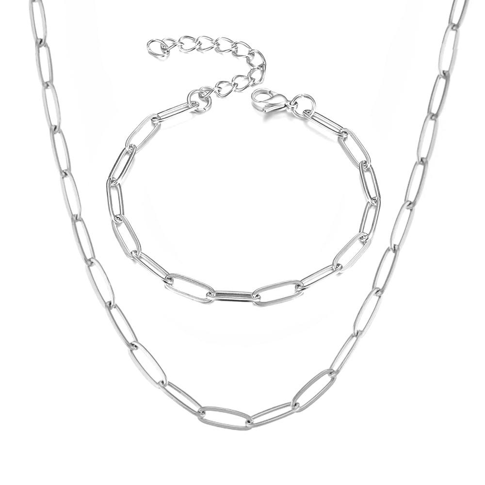 

Gold Silver Color Stainless Steel 4mm Paperclip Link Chain Bracelets Neckalce For Women Fashion Party Wedding Jewelry Sets Gifts 35cm and 17cm