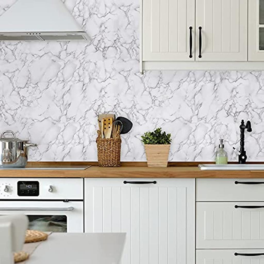 Marble Self Adhesive Contact Paper White Grey Marble Wallpaper Peel and Stick Glossy Marble Contact Paper for Countertop Kitchen