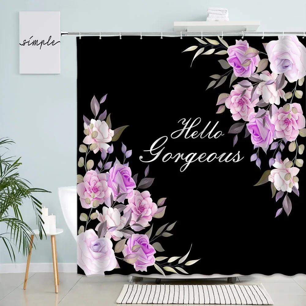 

Plant Flowers Shower Curtains Pink Rose Butterfly Dandelion Simple Floral Black Bath Curtain Modern Print Fabric Bathroom Decor W60H190(CM)-1 Pcs