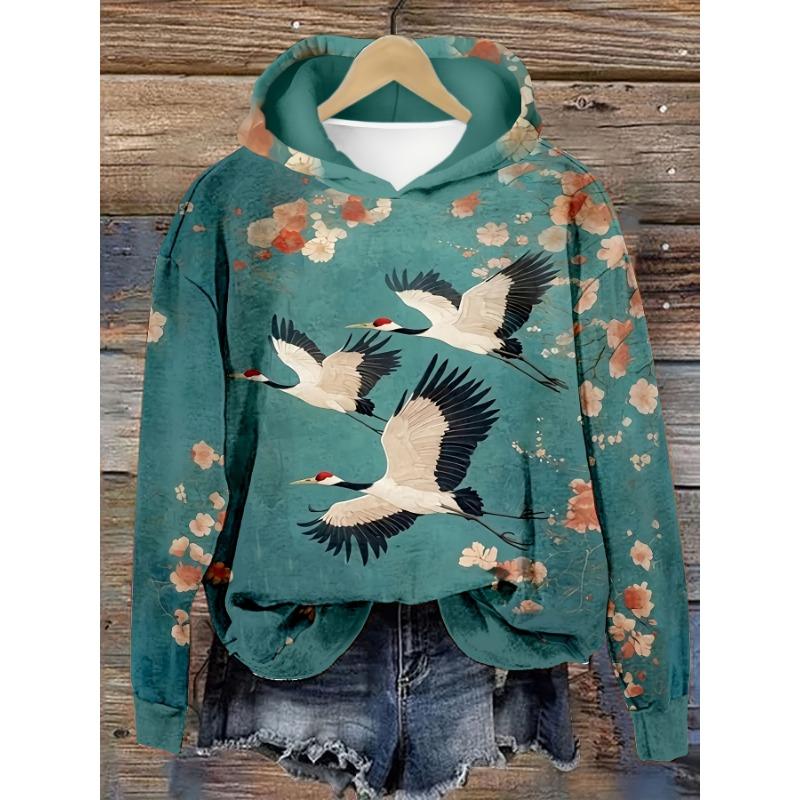 Japan Elegant Crane Moonlight Art Print Long Sleeve Hoodie Loose Women's Hoodie