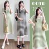 2026 Summer Striped Knit V-Neck Mid-Length Maternity Dress