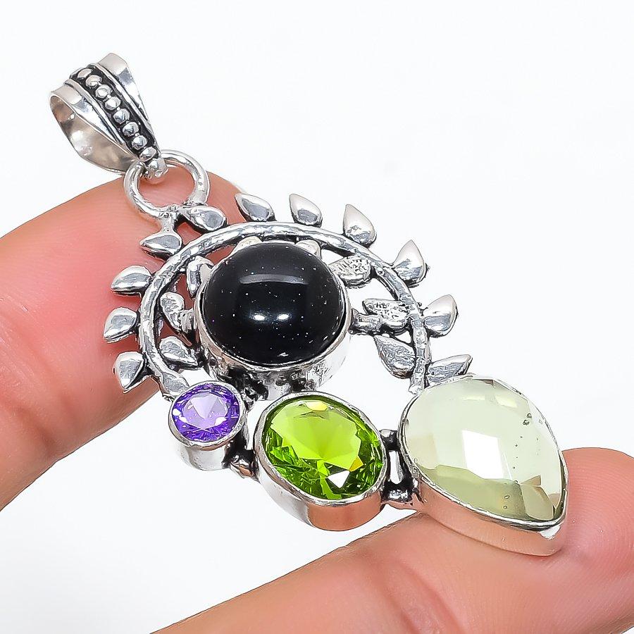 Black Sunstone Gemstone Handmade 925 Steling Silver Jewelry Pendant 2.09" SU-9663