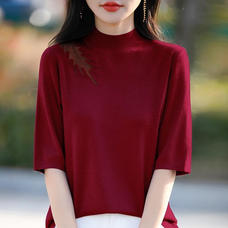 Damen Frühling und Sommer Neu Halboher Kragen Halbarm Kammgarn Strickpullover Spitze Spleißen Unterhemd Dünnes T-Shirt