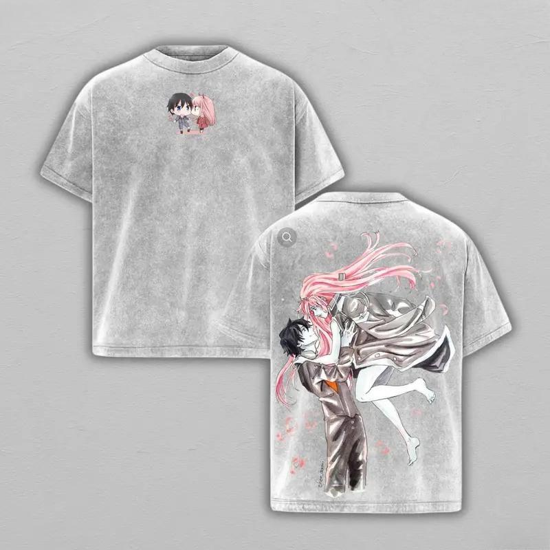 Anime DARLING In The FRANXX Zero Two Hiro Print T-shirt Men Women Couple Clothing Cotton Tshirt Retro Washed T Shirt Manga Tops XXL 1590₽