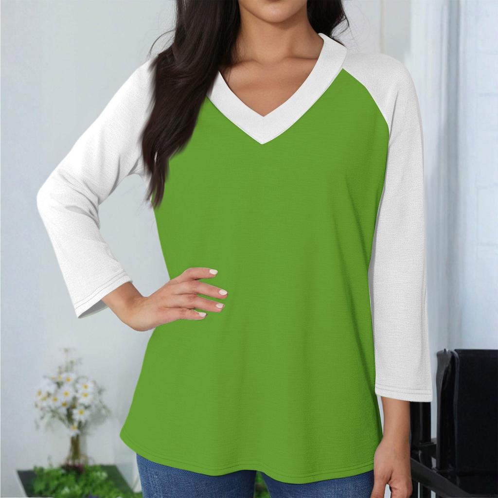 Women's Casual And Fashionable Patchwork V-Neck Top With Seven Quarter Sleeves Top