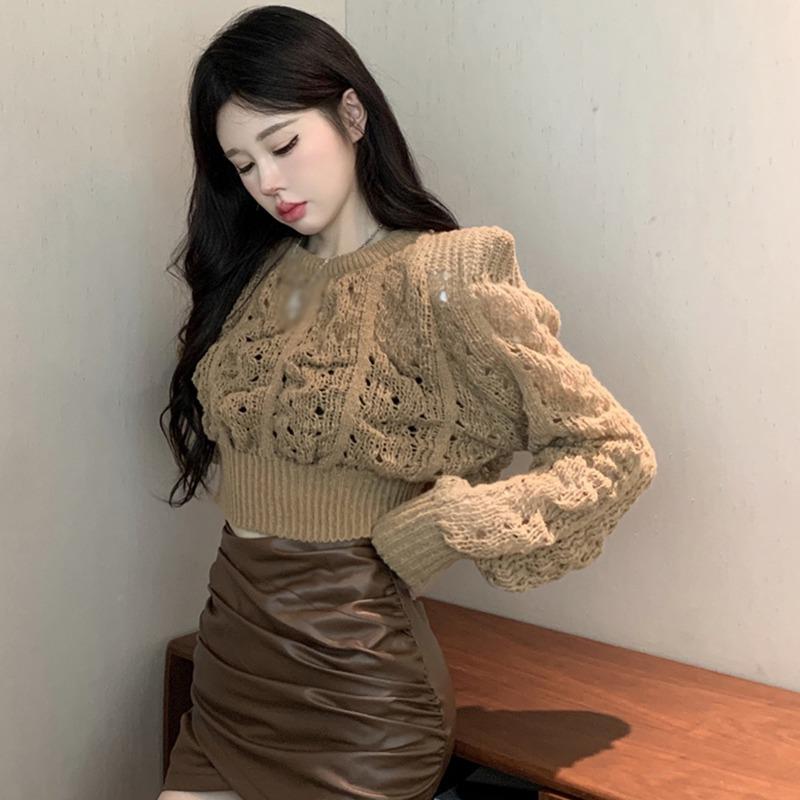 

Женский вязаный свитер с рукавами-фонариками, повседневный однотонный топ с круглым вырезом и длинными рукавами One Size