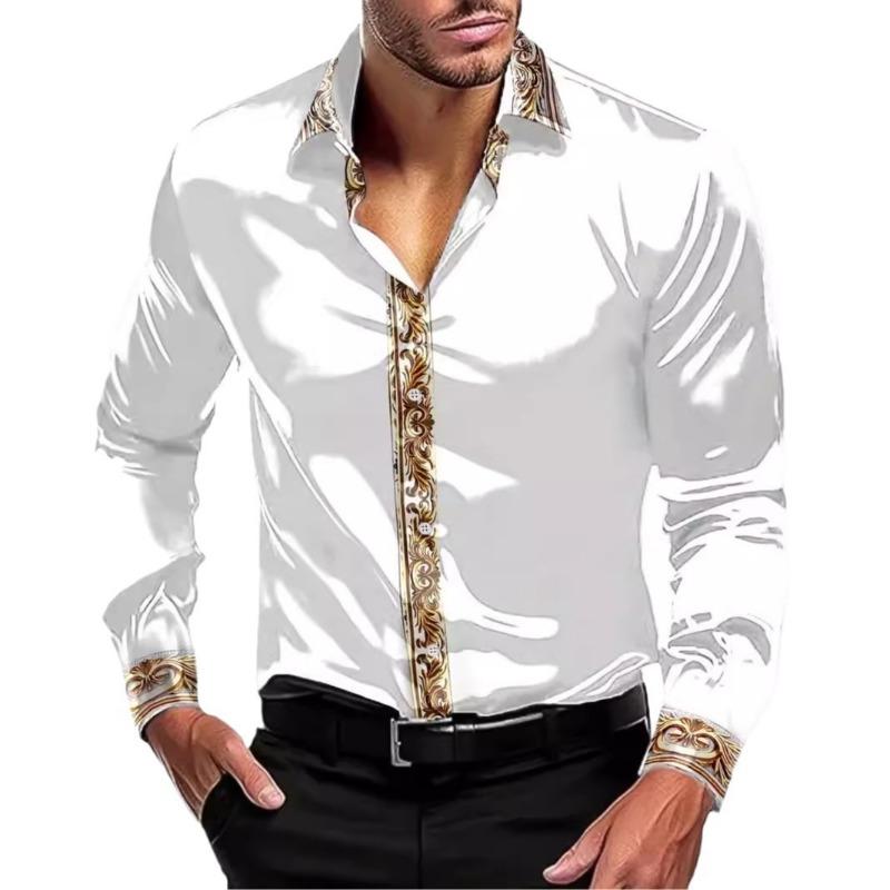 Spring Men's Silk Like Dress Shirt with Gold Baroque Trim Long Sleeve Formal Top