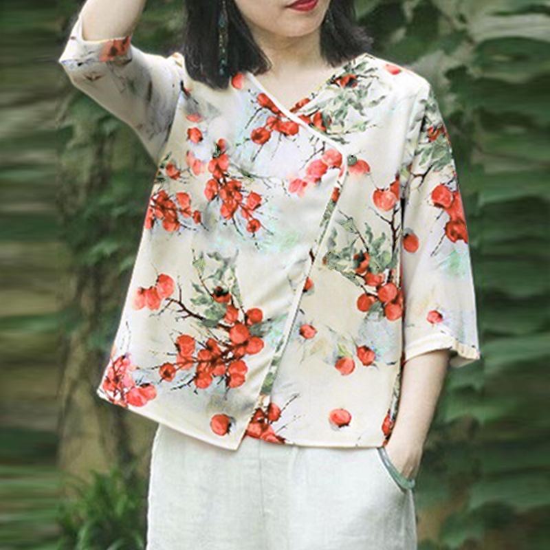 

ZANZEA Женская повседневная блузка с V-образным вырезом, рукавом 3/4 и свободным принтом 5XL абрикосовый