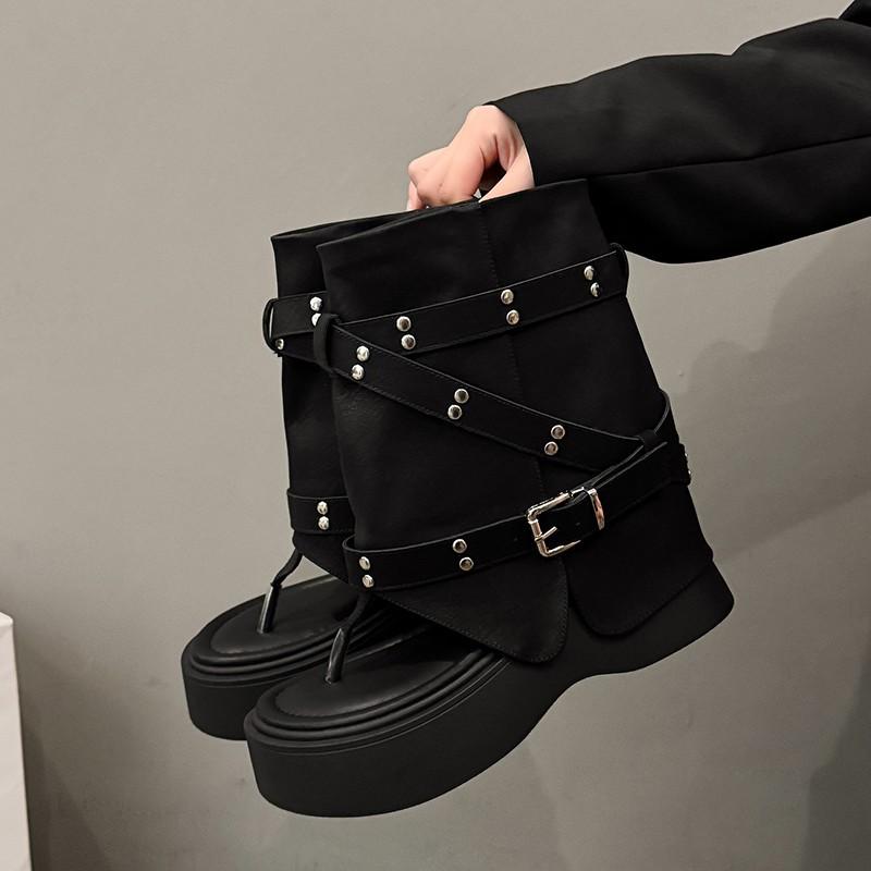 

Женские сандалии на толстой подошве 7 см, весна-лето 2025, новинка, увеличение внутренней высоты, Spice girl, круглый носок, голенище-труба, крутые ботинки, женские, оригинал 40 чёрный