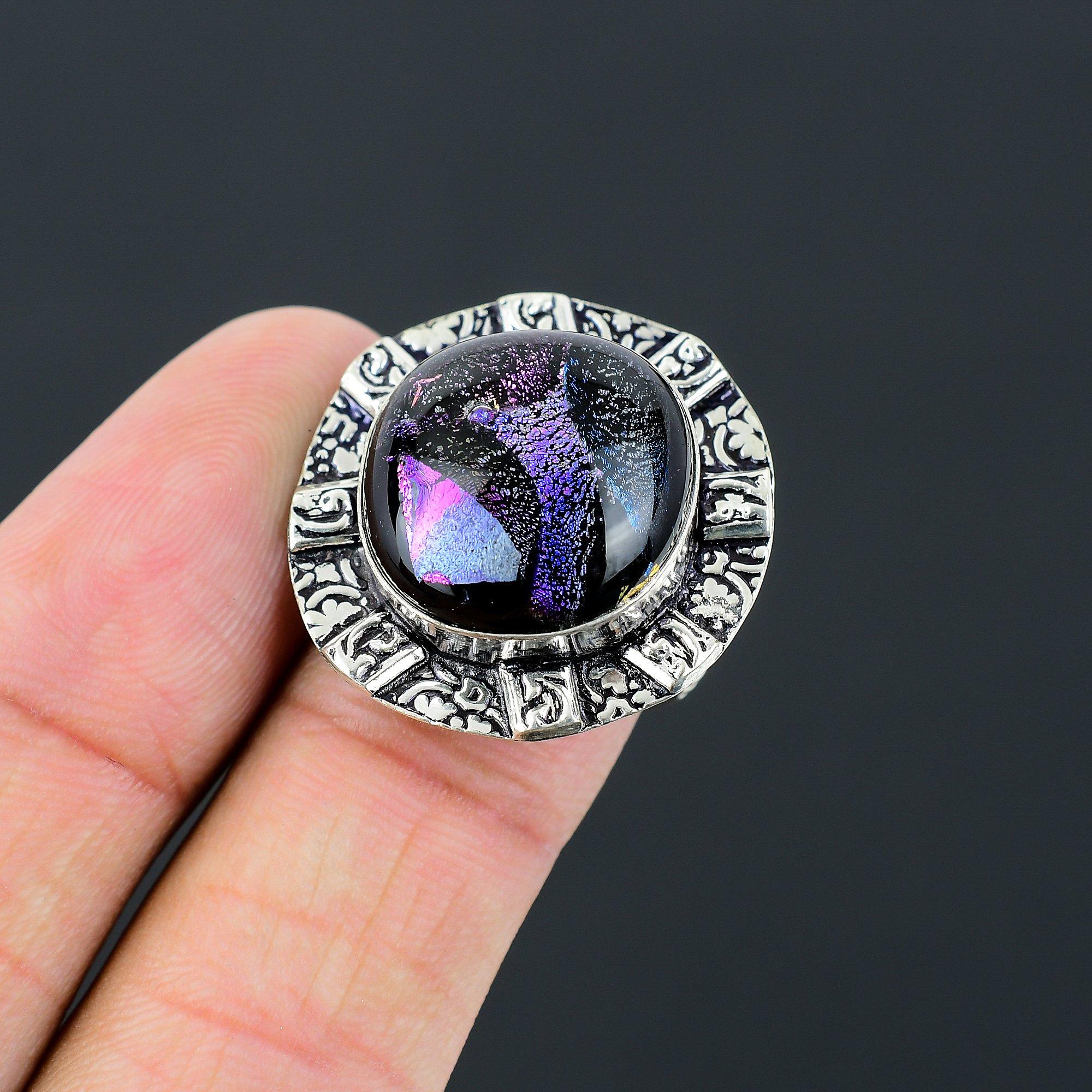 Natural American Dichroic Glass Stackable Black Ring Size 7.5 925 Silver 7.5