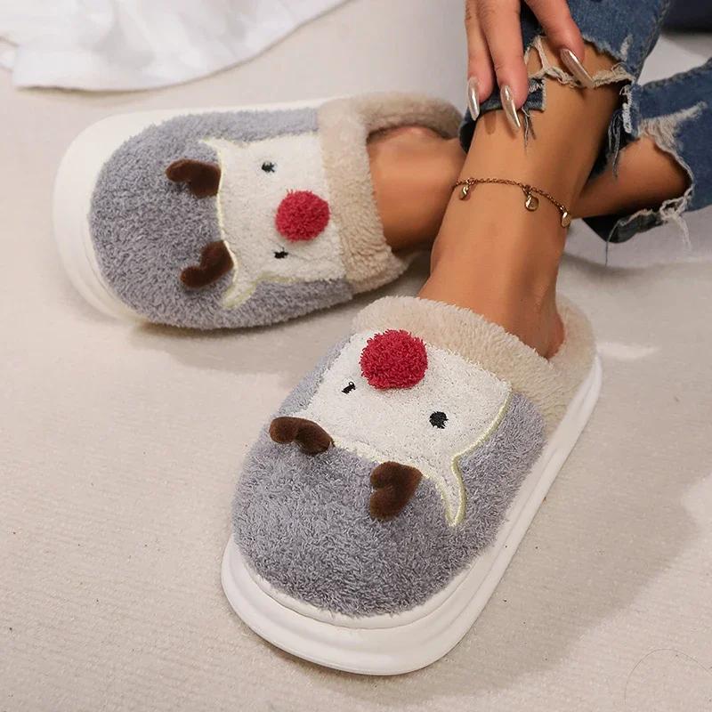 Mode Damen Weihnachts Elch Baumwollpantoffeln Winter Zuhause Kurzer Plüsch Warme Pantoffeln Paarmodelle Haus Schlafzimmer Pantoletten Damenschuhe