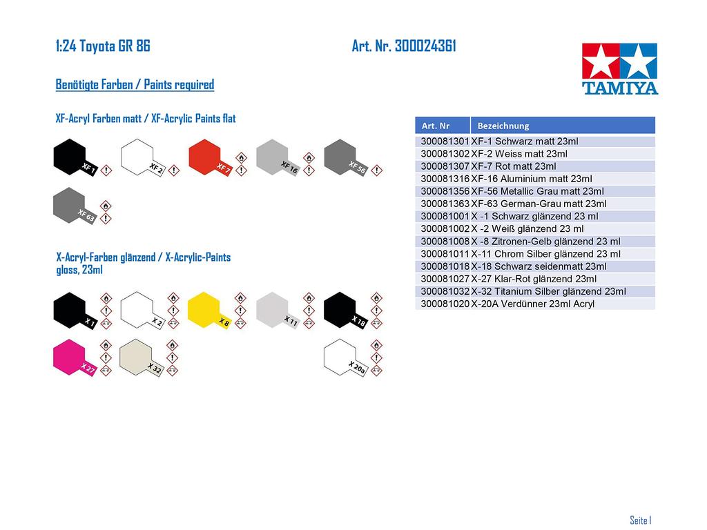 Tamiya 124 Sports Car Series No.361 Toyota GR86 Plastikový model 24361