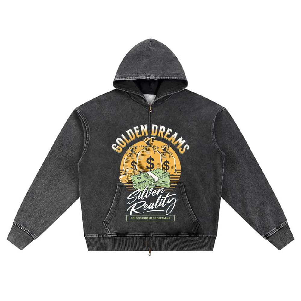 DTG-trykk Strikket Denim Zip-Up Hettegenser Golden Dreams Brother-trykk Hettegensere med glidelås