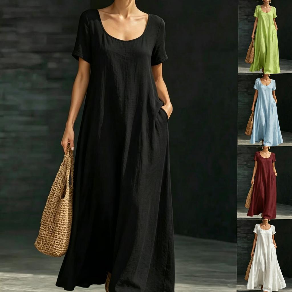 Casual collar loose explosion solid color pendulum long dress women's summer dress short sleeve U