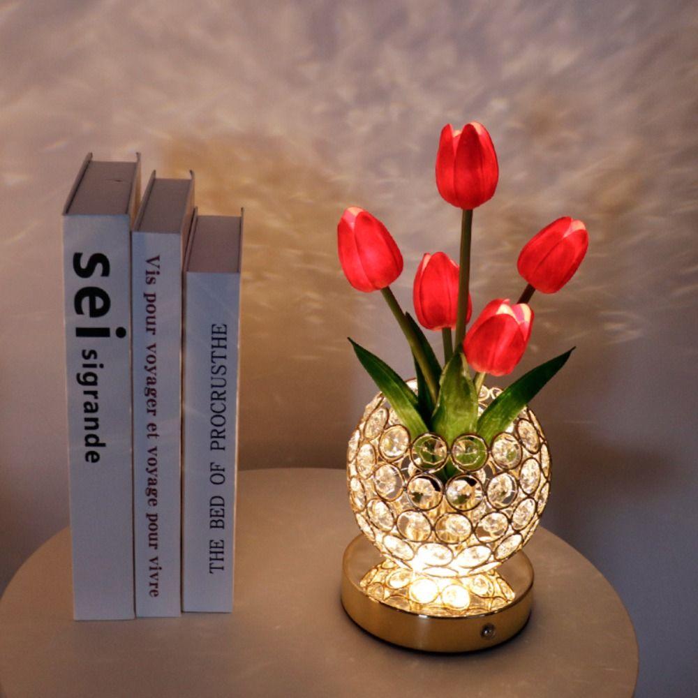 USB Charge Tulip Crystal Flower Lamps 3 Color Night Lamp Unique Flower Light  Bedroom