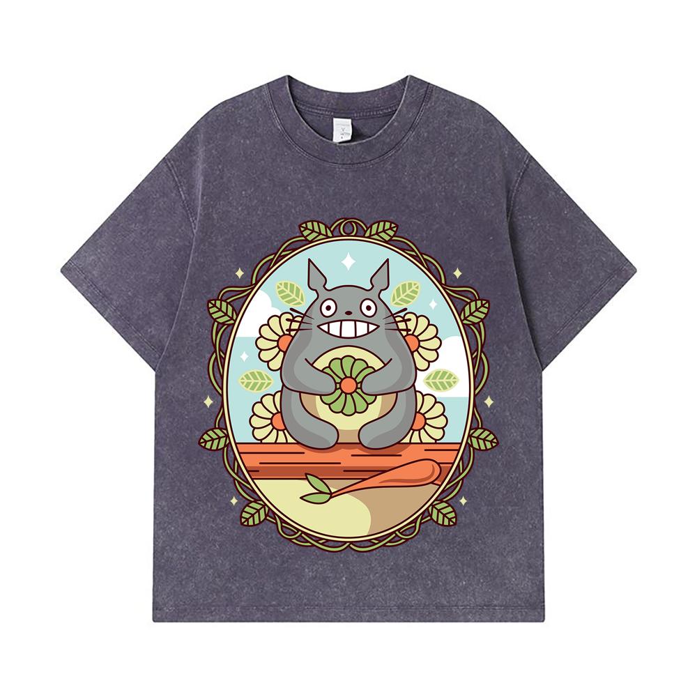 275 GSM Washed T-shirts 100% Cotton Ghibli V6 Totoro Print Unisex Heavy Cotton T Shirt