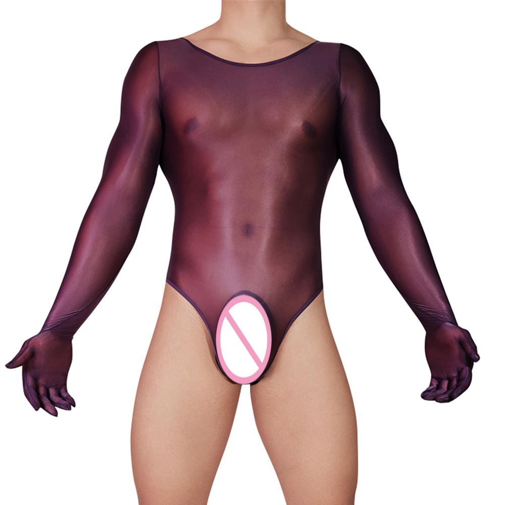 Sexy Men High Cut Bodysuit U Bulge Pouch Elastic Finger Gloves Tights Sheer See Through Shapping Maid Leotard One Pieces Thong