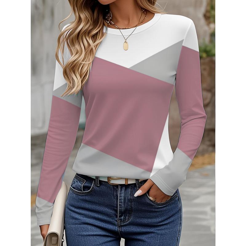 

Women s 3D color block stitching T-shirt fashionable long-sleeved round neck regular tops holiday weekend spring and autumn S