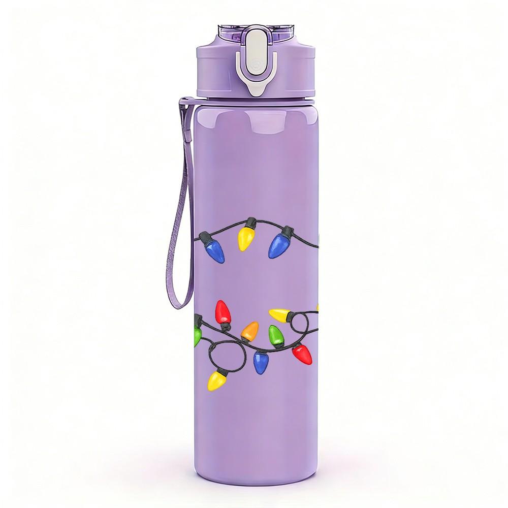 1PC Christmas Light String Colorful Print 750ml Color Plastic Sports Water Bottle Leakproof Flip Straw Lid Suitable for Sports Office Home Use