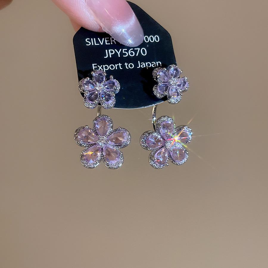 

Korean Fashion Pink Color CZ Cubic Zirconia Flower U Shape Dangle Earrings for Women Silver Plated Copper Holiday Jewelry
