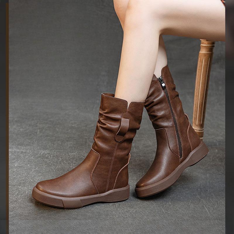 Simple Shoes Versatile Boots Women's Mid-calf Boots Breathable Chunk-heeled Thick-soled Boots