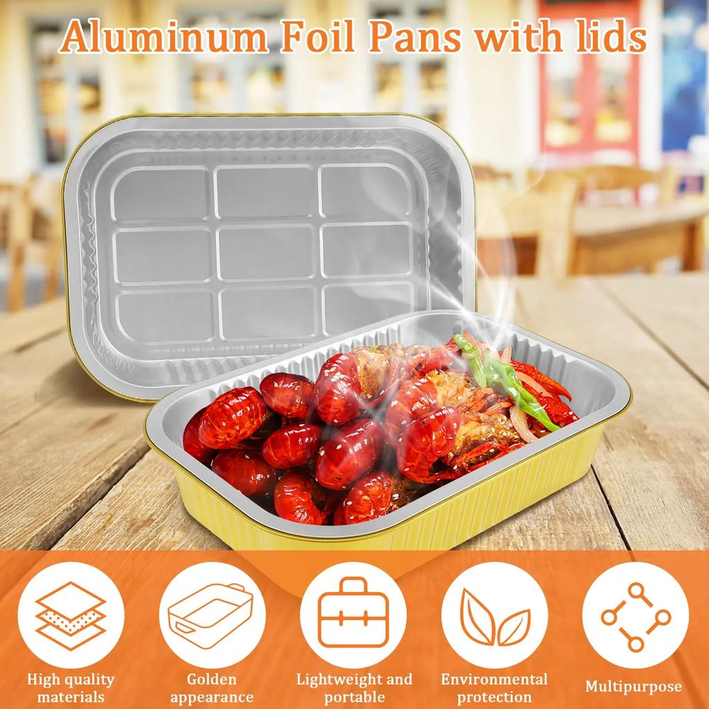 20Pcs Aluminum Foil Pans with Lids Food Grade Aluminum Foil Baking Tray Gold Foil Tray Container Rectangular Aluminum Cake Pans