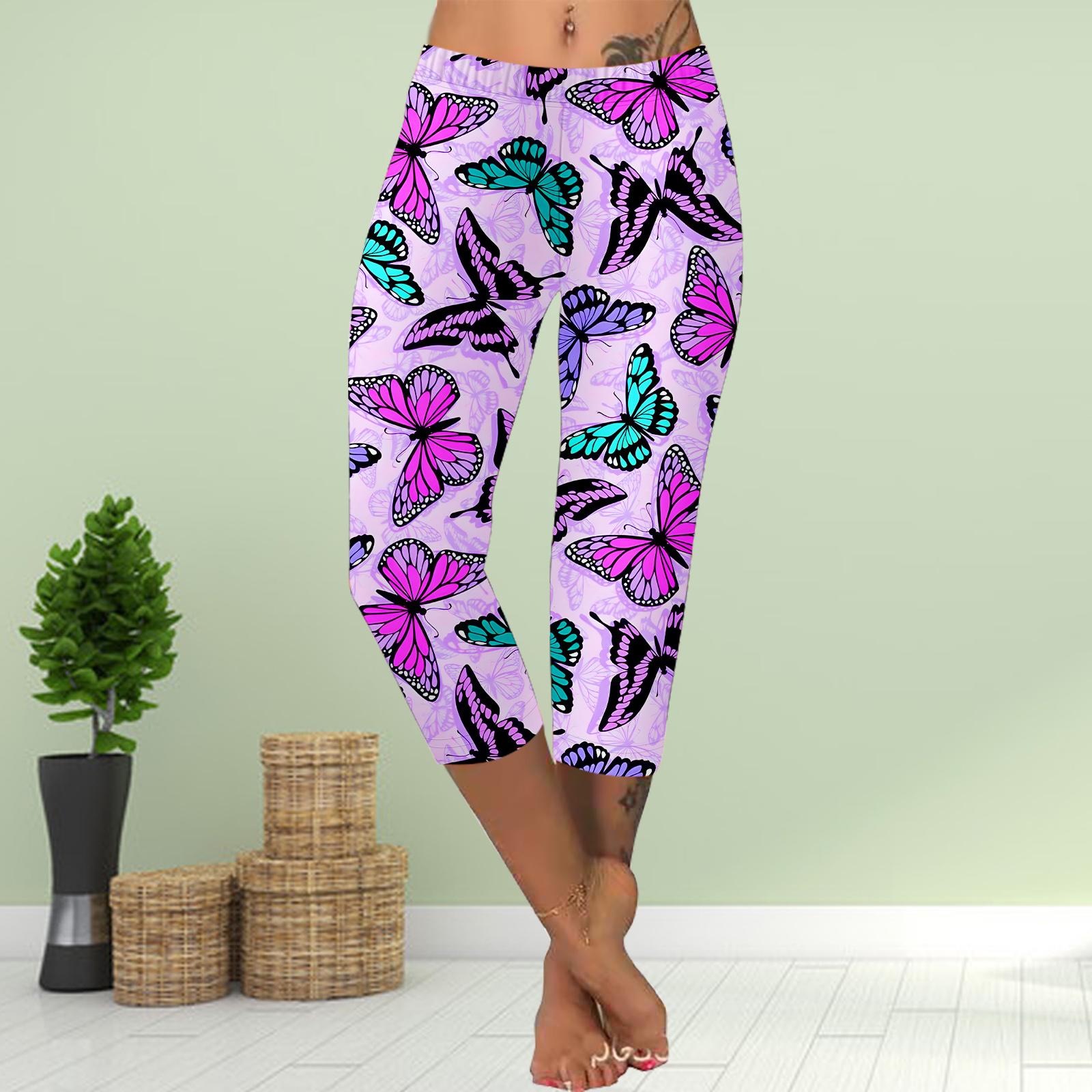 Брюки летние короткие леггинсы укороченные узкие брюки леггинсы больших размеров женские облегающие брюки с принтом бабочки хризантемы 3D XS фиолетовый