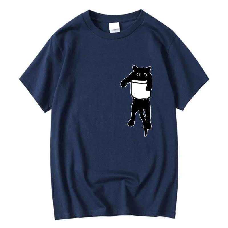 Men's High Quality T-shirt 100% Cotton Funny Pocket Cat Print Summer Loose Cool O-neck T Shirt for Men Short Sleeve Male Tees