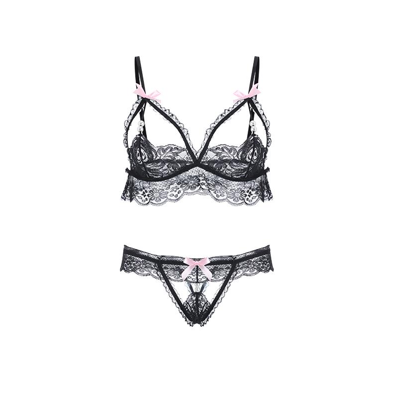 Women Sexy Lingerie Bra Underwear Set Cute Bow See-Through Lace Costumes Midnight Temptation Erotic Hot Outfits For Pretty Girls