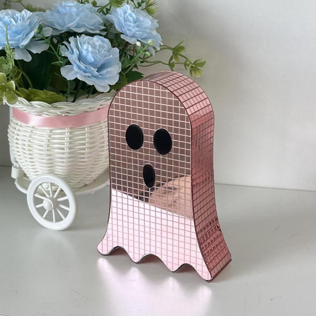Glitter Disco Ghost Mirror Decor Sparkling Halloween Tabletop Sign for Bedroom, Bookshelf, Party Spooky Reflective Decoration