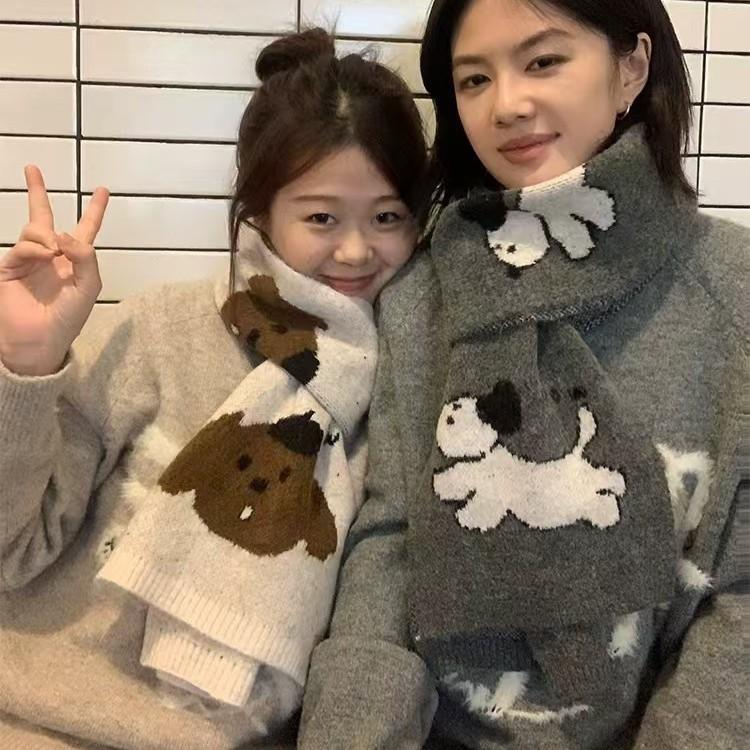 New Japanese All Match Cute Cartoon Puppy Wool Knitted Scarf for Women Korean Version Autumn and Winter Warm Scarf To Protect Against Cold