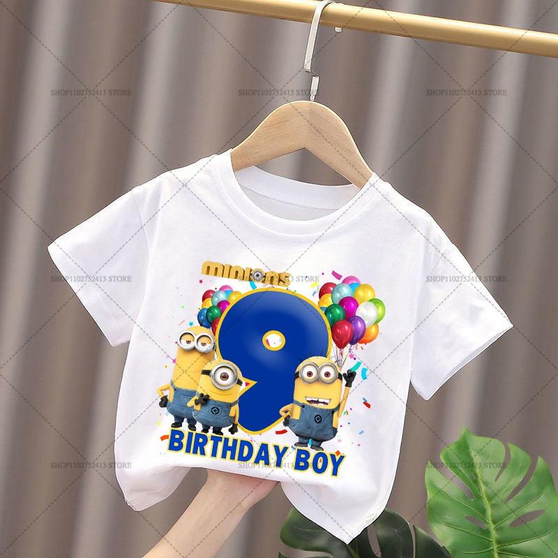 Minionses Cotton T-Shirt Anime Cartoon Print Tops Summer Kawaii Fashion Casual Short Sleeve Number 1-9 Birthday Clothes Gifts
