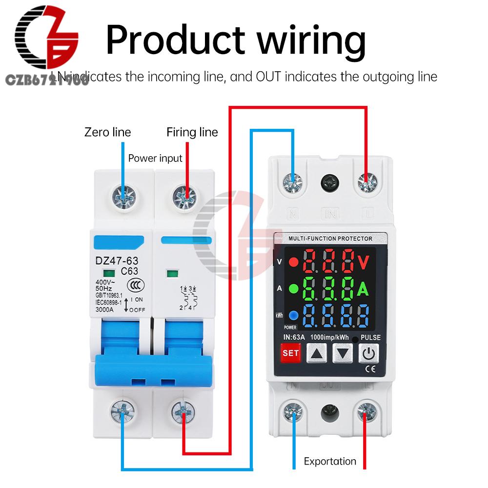 63A Din Rail 3-in-1 Display Adjustable Over Voltage Current and Under Voltage Protective Device Protector Relay Volt Power Meter