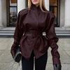 Women's Vintage Burgundy PU Leather Jacket Stand Collar Long Sleeve Belt Waist Slim Fit Faux Leather Coat Autumn Winter Outerwear