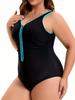 Plus Size Black & Blue Color Block Swimsuit with Front Zipper – Slimming, Waist-Cinching, Tummy-Concealing for Hot Springs