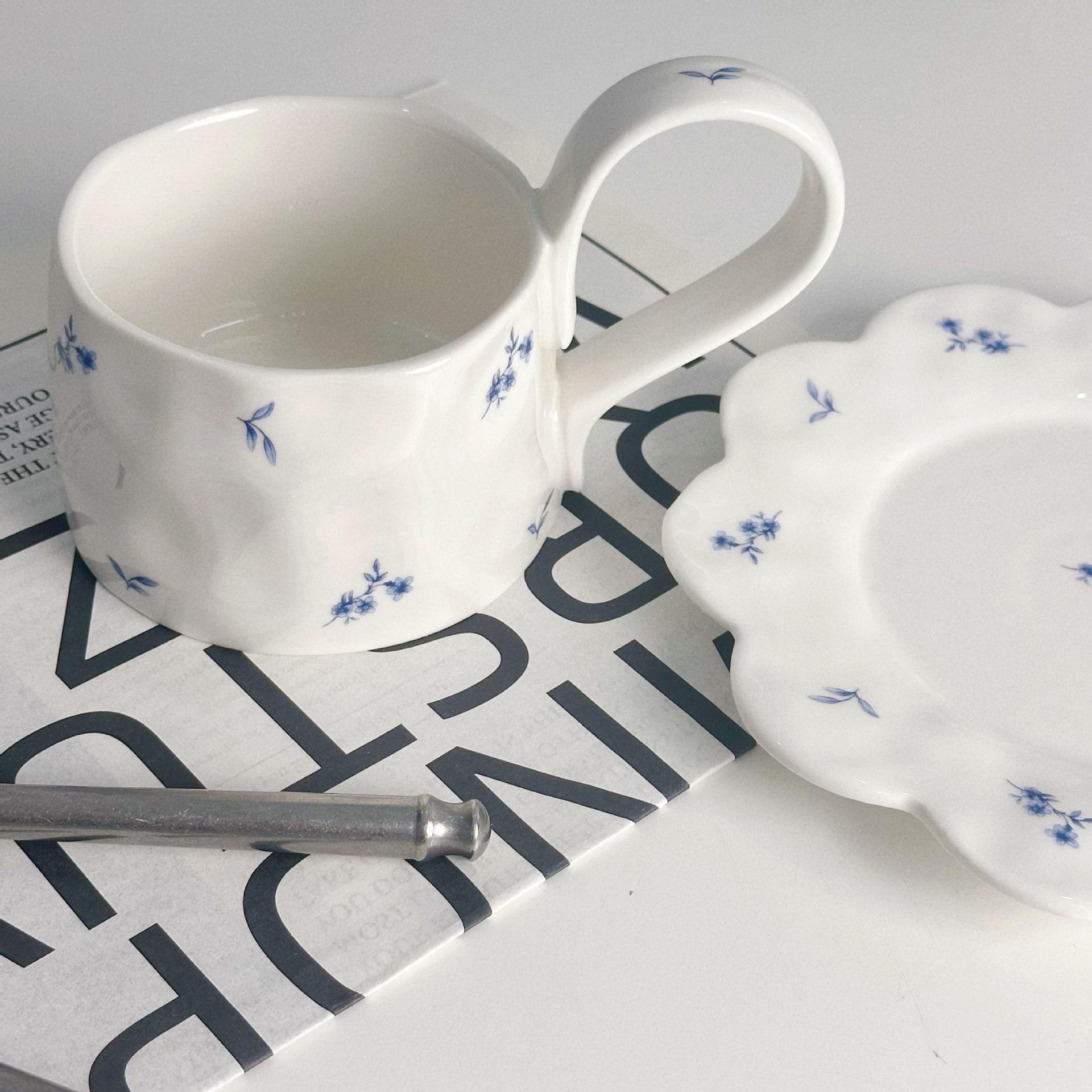 

French retro floral handmade ribbon handle ceramic coffee cup 200-400ml синий