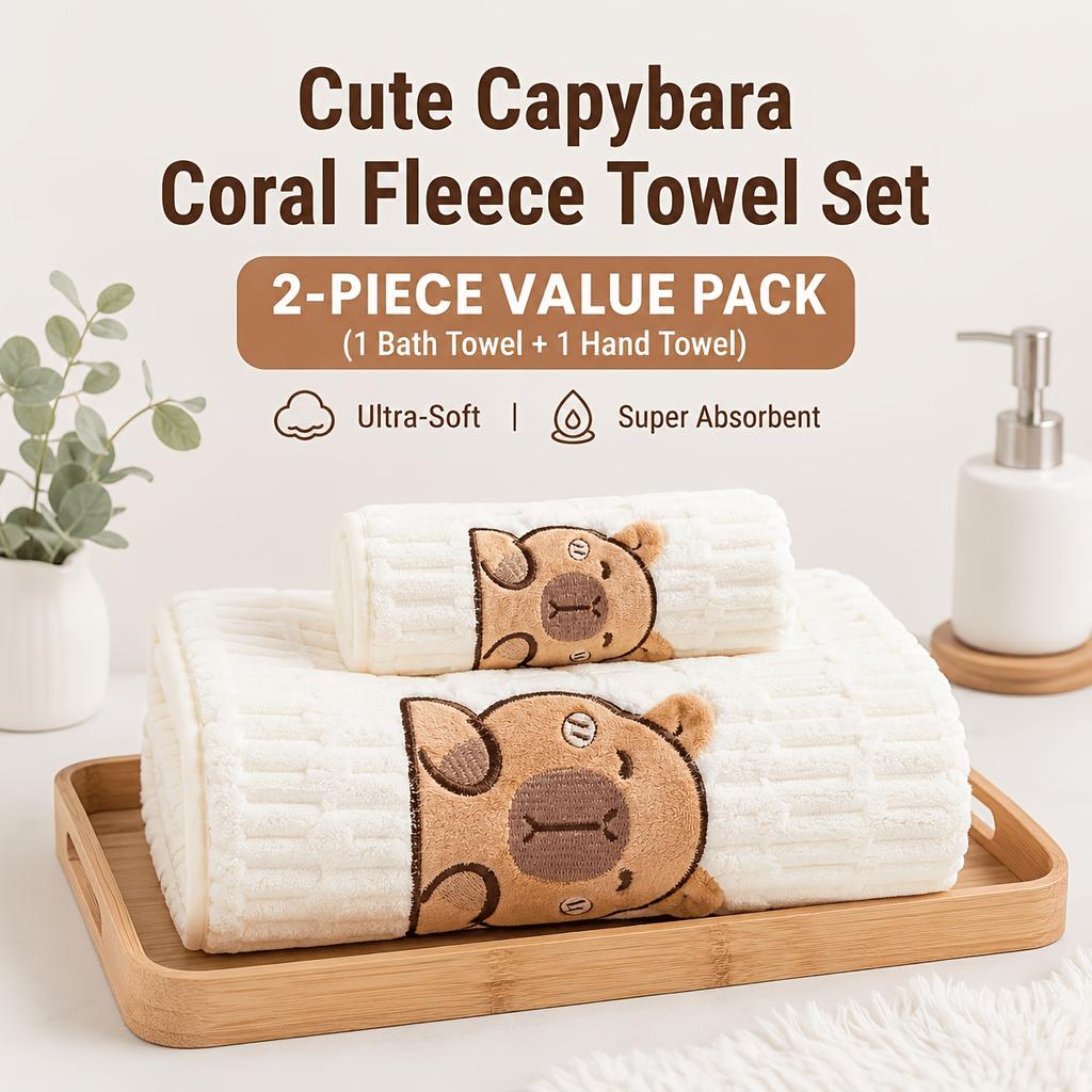 Süßes Capybara-Gesicht Badehandtuch-Set Korallenfleece Ultra Saugfähig Schnelltrocknende Badetücher