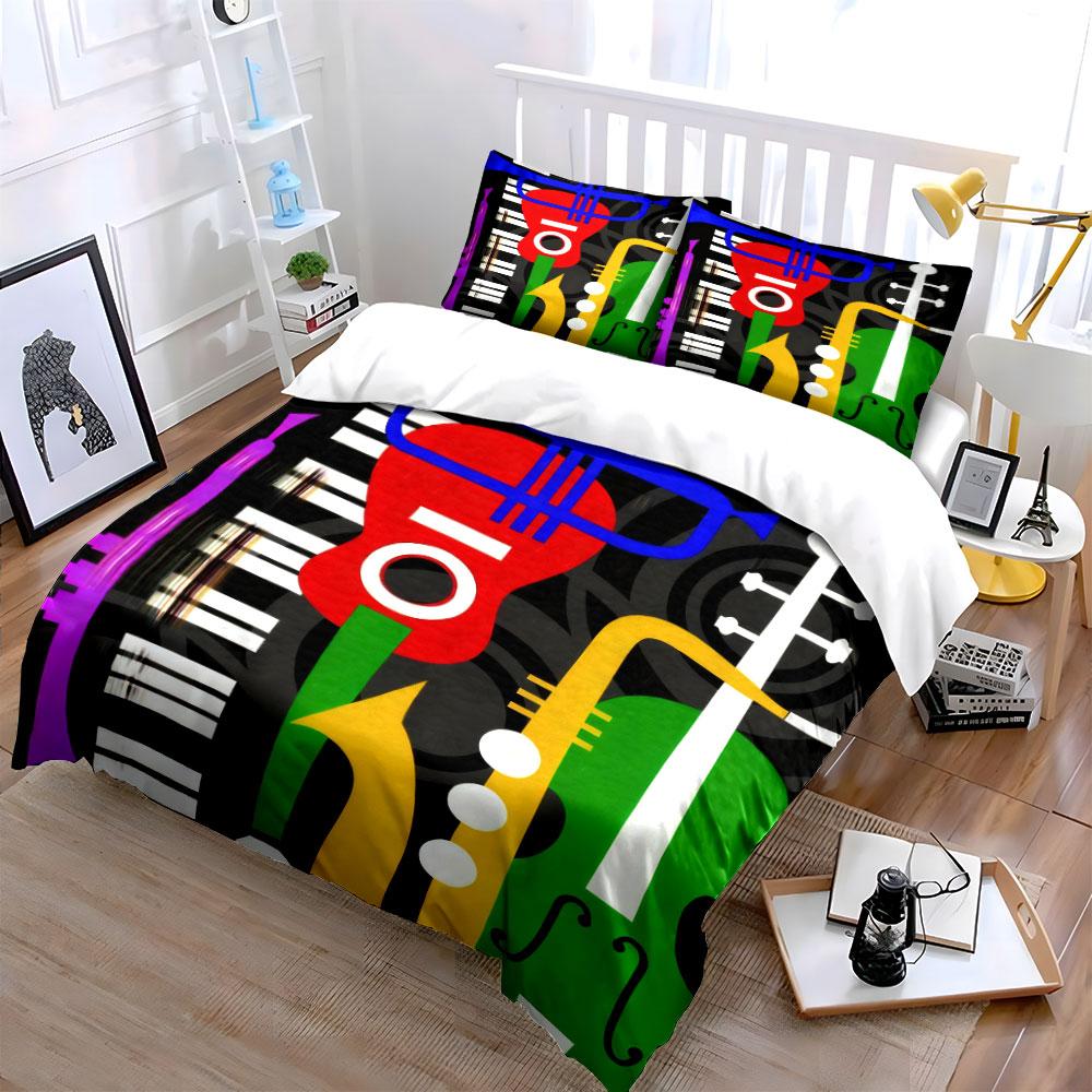 Colorful Musical Instruments Art Decor Bedding Set With 1 Duvet Cover 2 Pillowcases Single Double King Queen, Gift