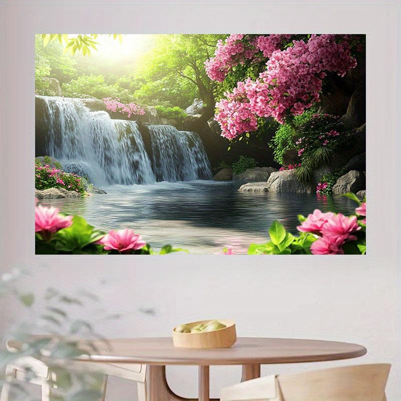 2D Flat Banner 1 Piece of Vivid Waterfall Floral Background Fabric - Realistic Green Plants and Pink Flowers Durable Polyester