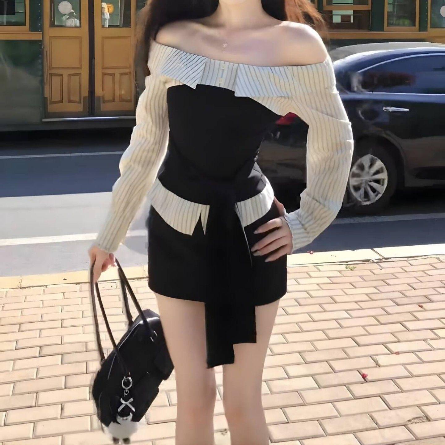 Korean new 2026 fashion women s early spring contrasting colors splicing striped design one-word shoulder thin top skirt set S