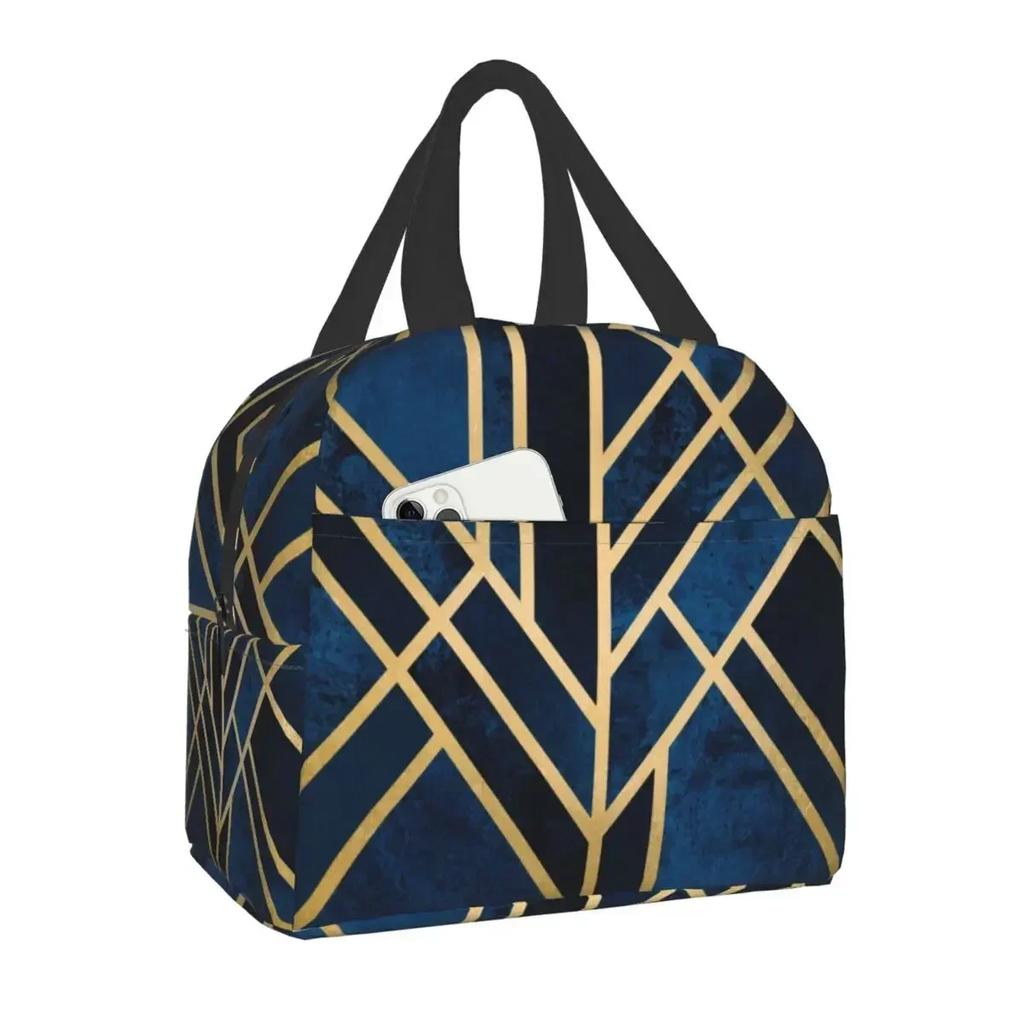 Pink Grey Gold Geometric Abstract Pattern Insulated Lunch Bag for Women Geometry Portable Thermal Cooler Food Lunch Box for Work