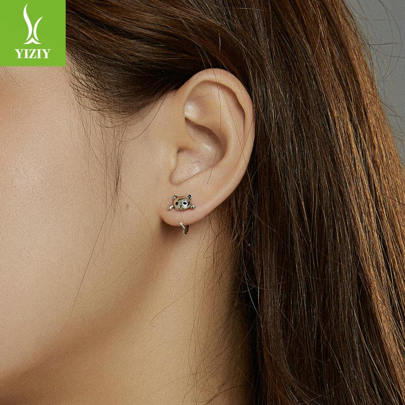 Cute Cat Stud Earrings Set, Playful Animal Electroplated 925 Sterling Silver Jewelry.