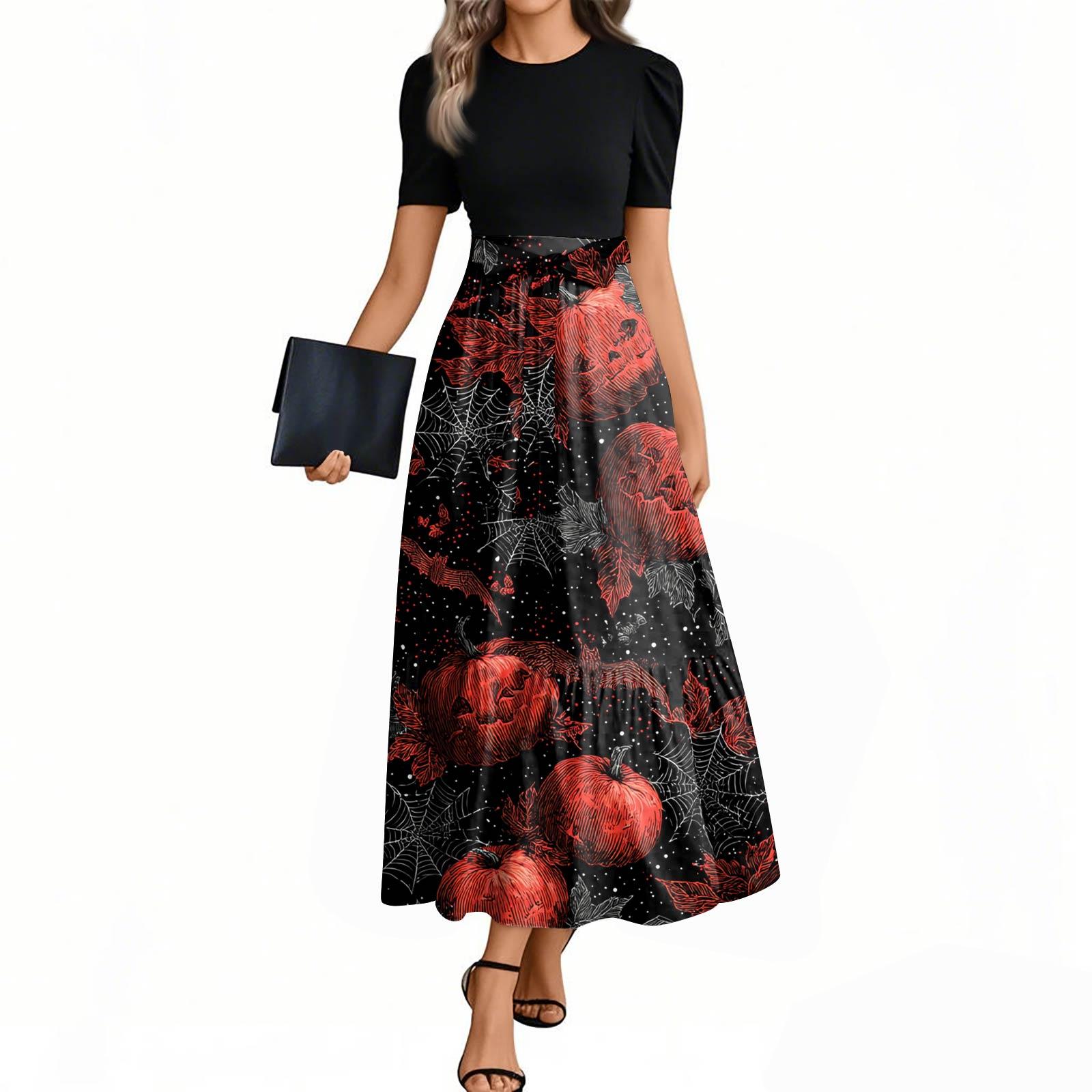 

Женское модное повседневное платье с поясом, с коротким рукавом, круглым вырезом и элегантным принтом на Хэллоуин XXL