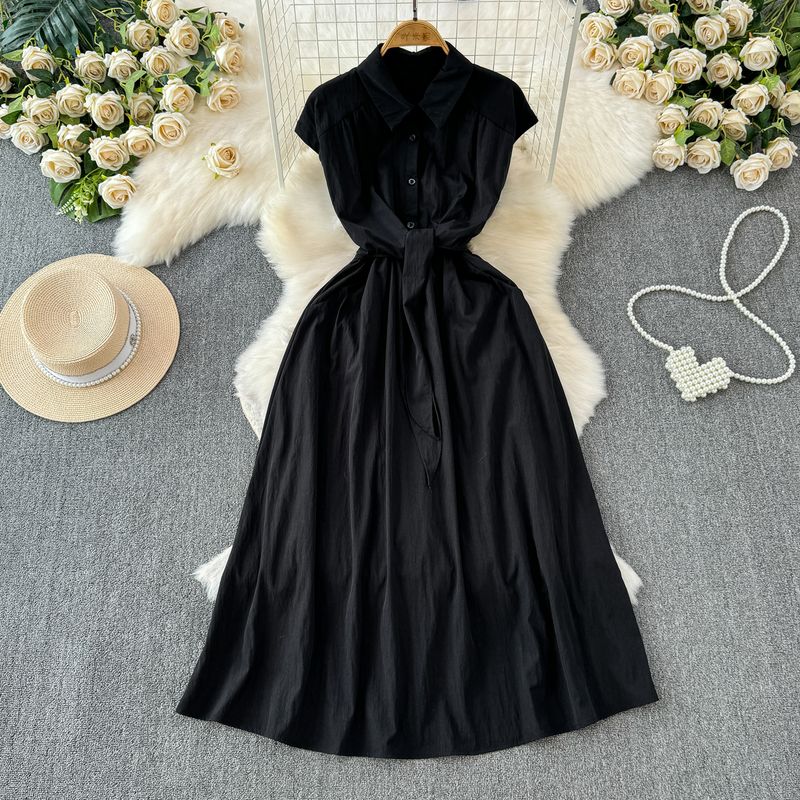 

Summer Elegant Adult Lady like Woman Single-Breasted Lace up Dress Black All yards