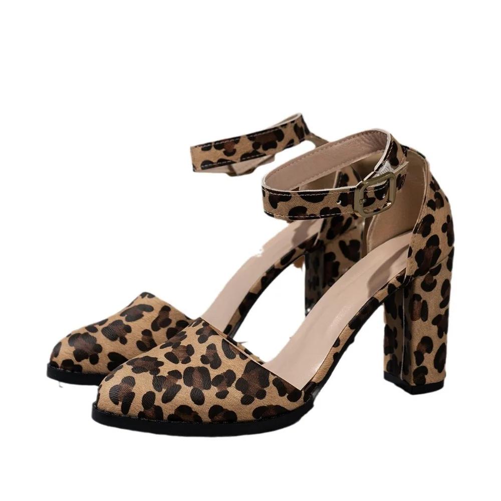 2025 Shoes Ladies Cover Heel Women's High Heels Retro Dress Pumps Women Leopard Chunky Heels Ankle Buckle Strap Plus Size Sandal