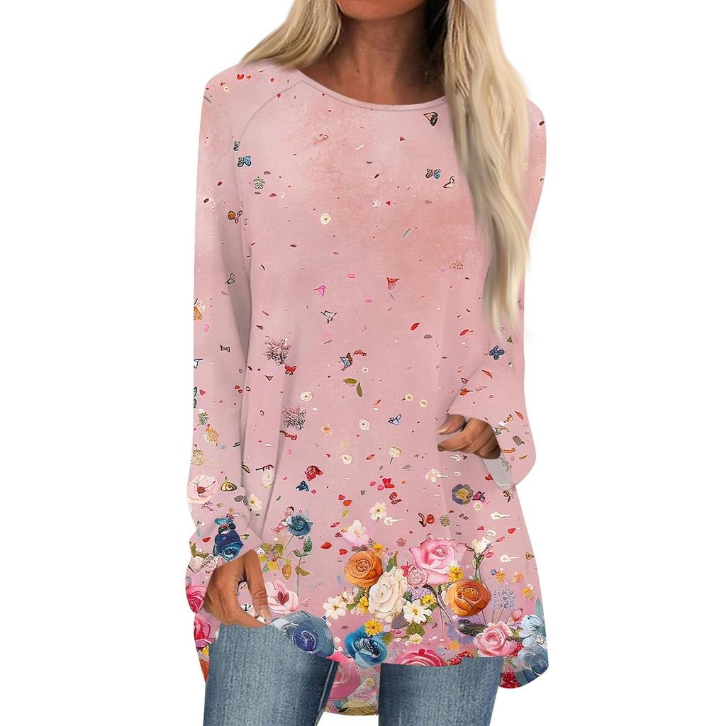 Women's Fashion Casual Long Sleeve Print Round Neck Pullover Top Blouse